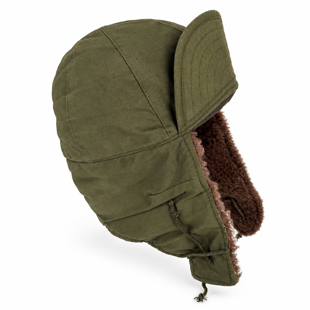Vintage Mens 7.5 Trapper Hat Military Style Green Faux Fur Ear Flaps Gorpcore
